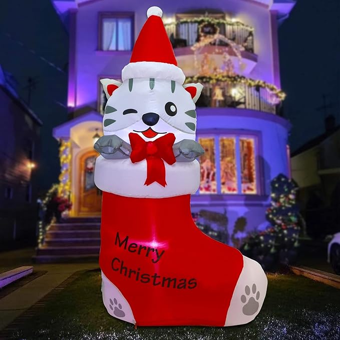 Juegoal 5 FT Christmas Inflatables Outdoor Decorations, Inflatable Kitten in Xmas Stocking, Lighted Blow Up Cat Standing on Christmas Socks with Built in Lights for Holiday Lawn Yard Garden Decor