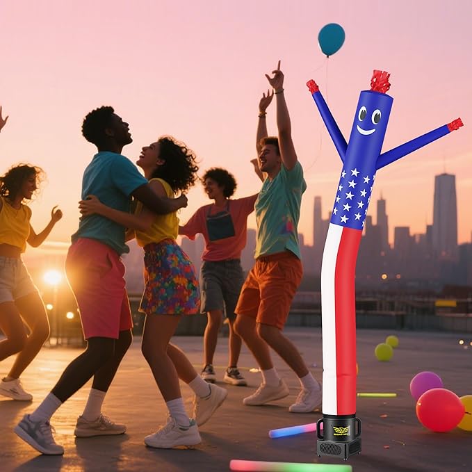 7FT Air Inflatable Waving Tube Man Set with Blower & Wheel, Air Puppet Dance Artist for Mall Opening, Amusement Park, Outdoor Decoration，Flag