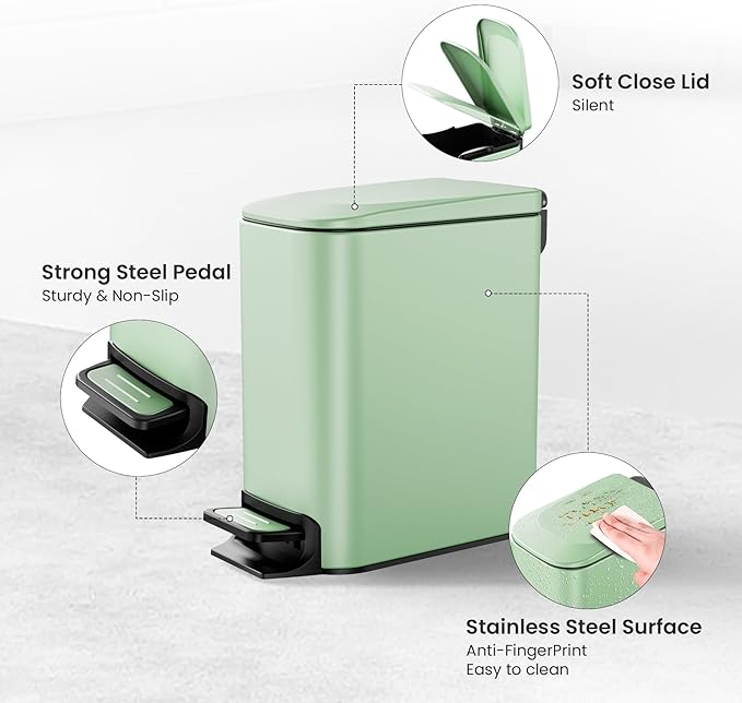 Cesun Small Bathroom Trash Can with Lid Soft Close, Step Pedal, 6 Liter / 1.6 Gallon Stainless Steel Garbage Can with Removable Inner Bucket, Anti-Fingerprint Finish (Matt Green)