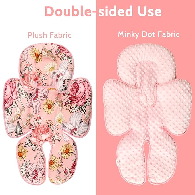 Pink Infant Car Seat Head Body Support Pillow, 2-in-1 Reversible CarSeat Insert,Soft Cushion for Stroller, Swing, Bouncer,Flowers