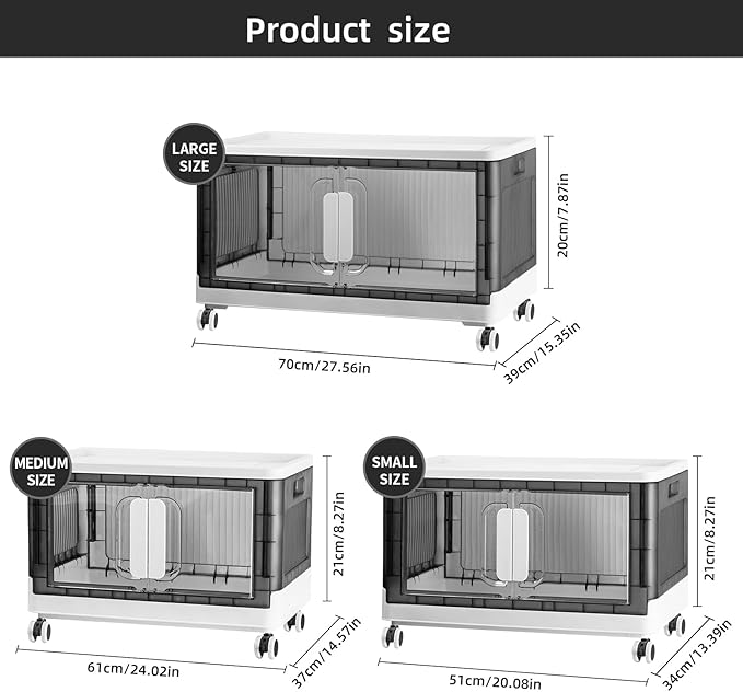 Folding Storage Organizer with Silent casters | Stackable Design for Home & Office, Heavy-Duty Plastic Storage Bin with Clear Door, 3 Sizes (19.5/23.5/27.5in),Black/White (27.6" 5 layer, White)