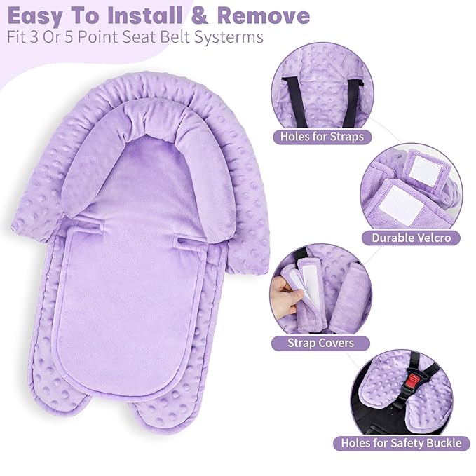 Infant Car Seat Insert, HNHUAMING Baby Car Seat Head & Body Support with 2 Strap Pads, Ultra Soft Newborn Preemie Carseat Insert Cushion for Girls Boys, Fits Car Seat, Stroller, Swing, Bouncer, Purple