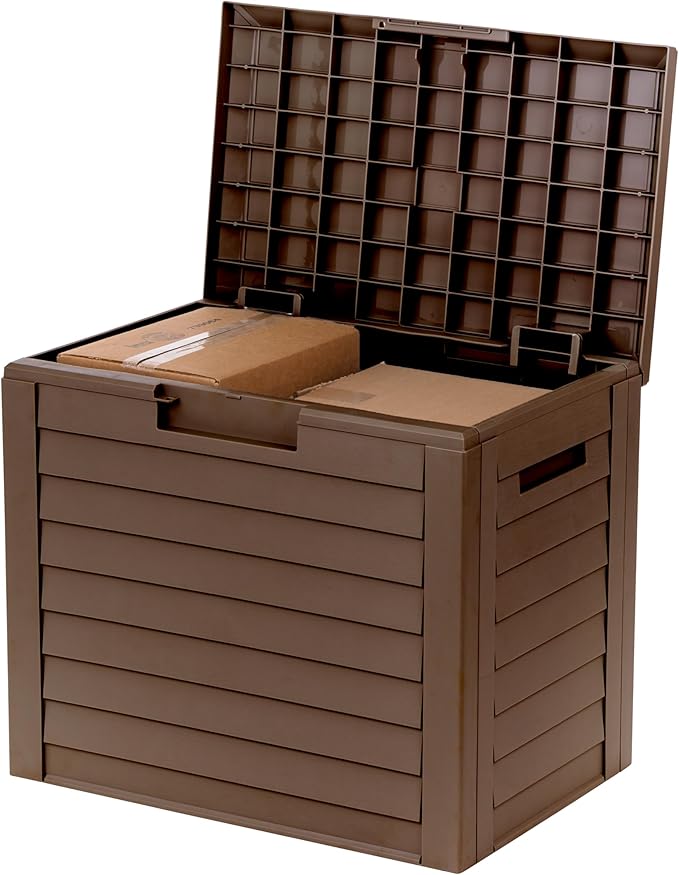 IRIS USA 35-Gallon Outdoor Deck Storage Box, Lockable & UV-Protected, Weather-Resistant Patio Storage for Cushions, Garden Tools & Packages, Waterproof Resin, Durable & Stylish Design - Brown