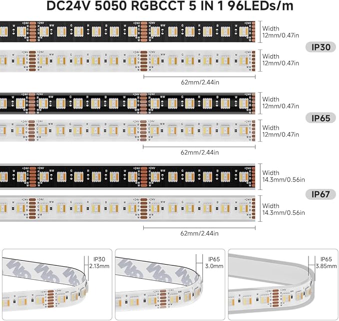 BTF-LIGHTING RGBCCT 5 Colors in 1 LED 5050SMD RGBWW RGB+Dimmable Tunable Color Temperature 2700K-6500K UL Listed 16.4ft 96LED/m 480LED DC24V Multi-Colored IP67 for Decoration(No Adapter or Controller)