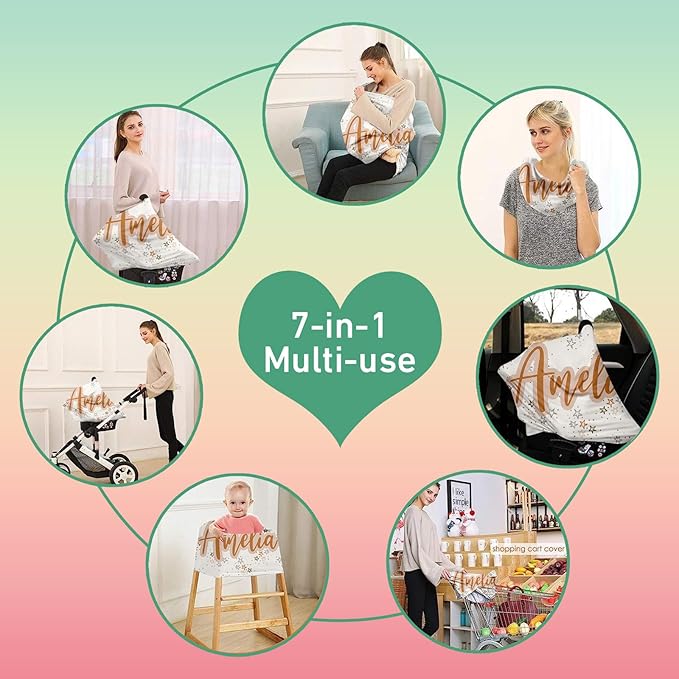 Personalised Car Seat Cover for Girls and Boys - 7 in 1 Multipurpose Breast Feeding Cover, White Star Nursing Cover, Grocery Cart Cover - Birthday Gift for Babies
