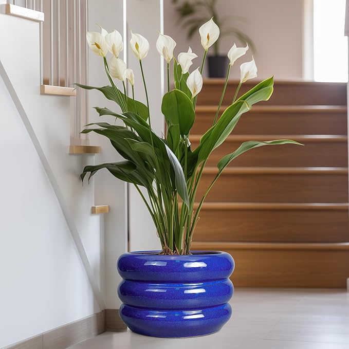SQOWL Ceramic Plant Pot 13.5 Inch - Large Planter for Outdoor Plants Round Indoor Flower Pot with Drainage Hole Decorative Planter Modern Home Decor Blue