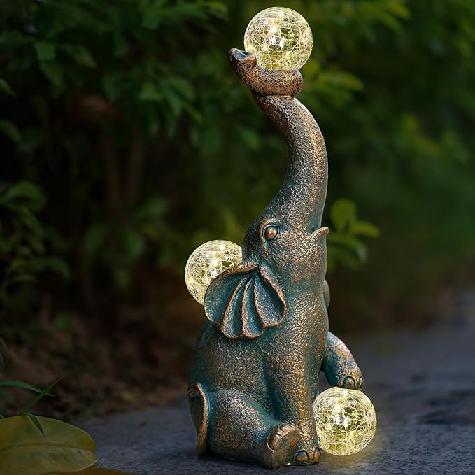 MININOVA Garden Decor Outdoor Statues Elephant with Cracked Glass Balls, Cute Solar Figurine for Patio, Lawn, Yard Art Ornament Decorations (15 LED Lights)