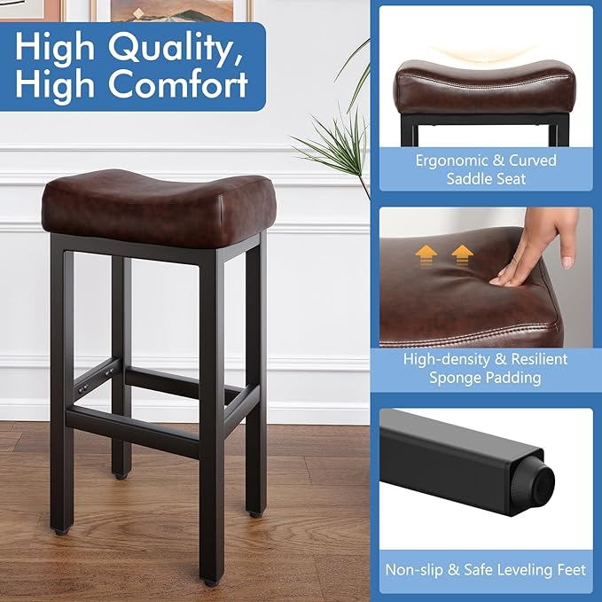 29 Inch Bar Height Bar Stools Set of 2, 29" Barstools for Kitchen Island Counter, Backless Bonded Leather Bar Height Stools with Thick Saddle Seats & Heavy Duty Metal Base, Easy Assembly, Brown/Black