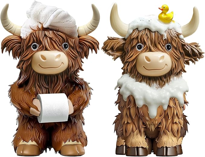 2 Pcs Highland Cow Bathroom Figurines Bathroom Theme Highland Cow Christmas Gnomes Bath Resin Statue Calf Gifts for Christmas Farmhouse Home Garden Kitchen Office Tiered Tray Table Decor