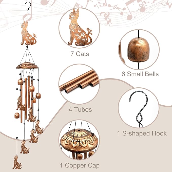 Cat Wind Chimes for Outside, Metal Windchimes Outdoors Birthday Gifts for Women Memorial Sympathy Wind Chimes for Patio Garden Yard