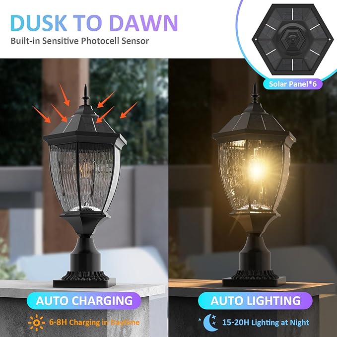 Solar Lamp Post Lights Outdoor Waterproof with Pier Mount Base, 20" H Large Aluminum Outside Solar Lights for Yard, Dusk to Dawn Outdoor Column Lights for Garden, Pathway, Patio(2 Pack)
