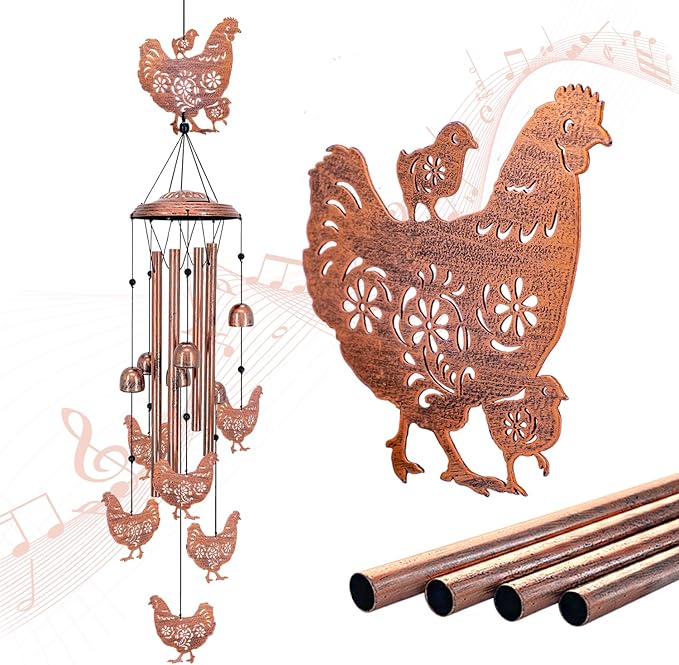 Chicken Wind Chimes Outdoor Chicken Gifts for Women Men Mom Gardening Birthday Gifts Metal Memorial WindChimes for Outside/Indoors, Lawn, Patio, Yard Art, Garden Decor, Yard Decorations