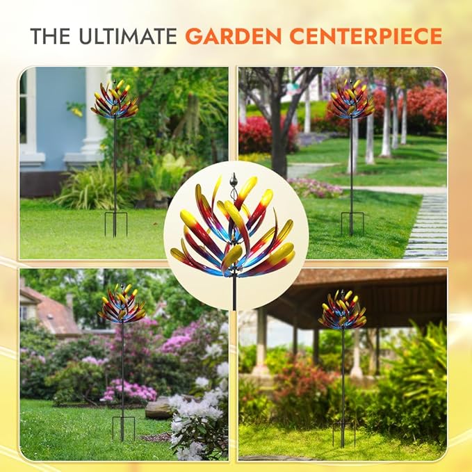 Large Wind Spinners - Decorative Garden Whirligigs - Durable Metal Flower Art - Ideal for Yard Decor and Gifts Colorful 88" H x 27" W