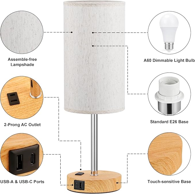 Fenmzee Touch Table Lamp - Cream, 3-Way Dimmable, USB A + C Charging, AC Outlet, 17.4inch Medium, Wood Grain Base