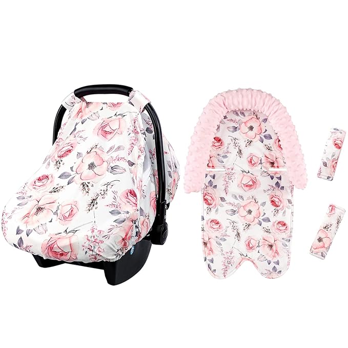 Baby Car Seat Cover and Baby Carseat Head Support & Strap Cover, Car Seat Canopy with Zipper Mesh, Watercolor Pink Floral