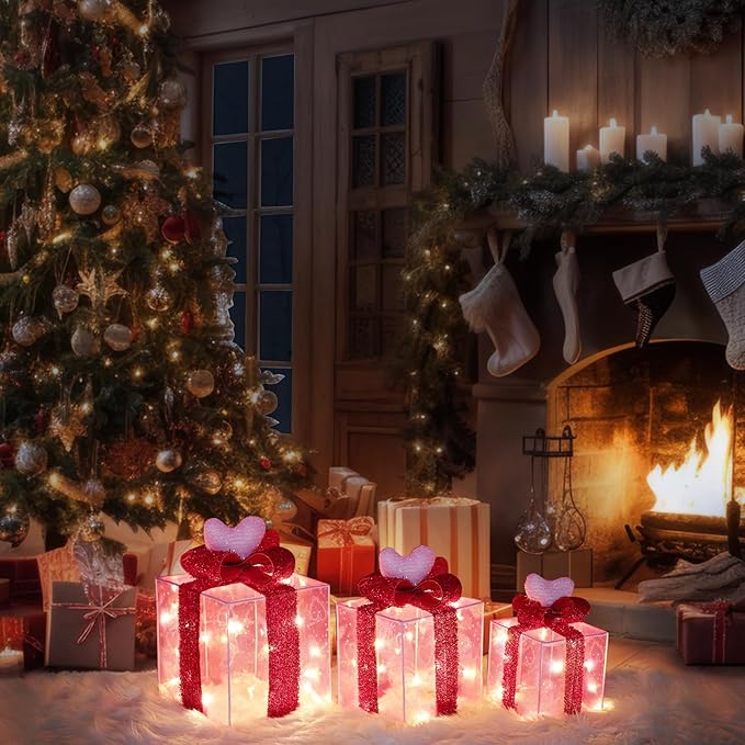 Pink Decorations Lighted Gift Boxes with Pink Cloth, Pre-lit Lights Gift Boxes Set of 3, Light up Present Boxes Set Battery Operated with Different Sizes for Holiday Indoor Decorations