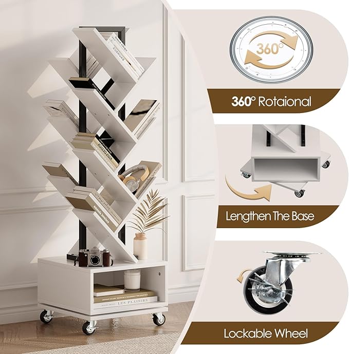 7 Tier Tree-Shaped Rotating Bookshelf, Double Sided, Small Bookcase with Storage Cabinet, Modern Tall Narrow Bookshelves Organizer, Floor Standing Book Shelf for Bedroom/Living Room, White