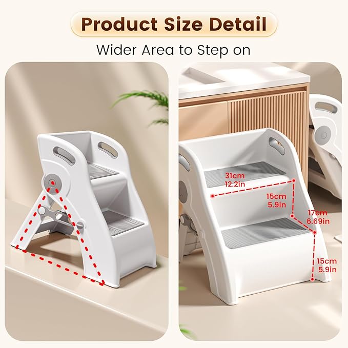 Toddler Step Stool for Bathroom Sink – Non-Slip Kids Step Stool, 100lbs Load Bearing Foldable Toddler Stool for Bathroom with Handles and Anti-Tip Design - Potty Training Stool for Ages 2+