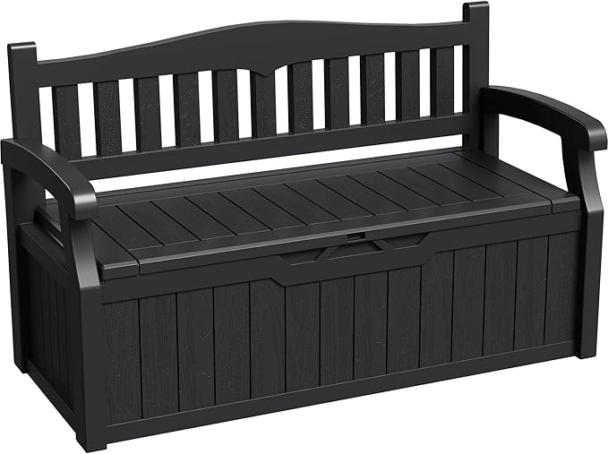 Greesum 80 Gallon Storage Bench Outdoor Deck Box with Armrest, Patio Furniture,Lockable, Waterproof and UV Resistant, Suitable for Garden, Pool, Black