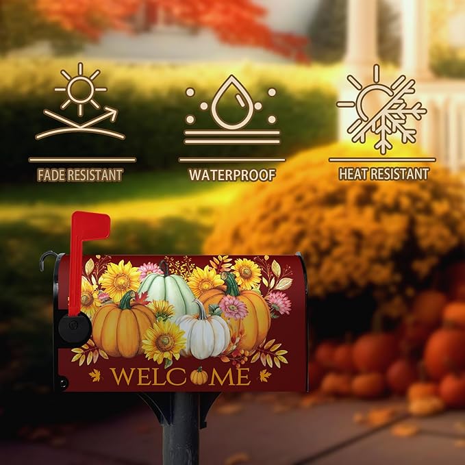 Fall Pumpkin Mailbox Cover Magnetic Autumn Sunflower Maple Leaves Mailbox Cover Standard Size 21 x 18 Inch Thanksgiving Welcome Post Box Covers Wraps Home Garden Decor for Outdoor