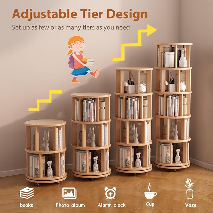 Solid Wood Rotating Bookshelf on Wheels, 5 Tier, Round Revolving Bookcase, 360° Spinning Book Shelf Tower for Kids, Narrow Rolling Bookshelves for Small Space, Corner, Bedroom, Office, Natural