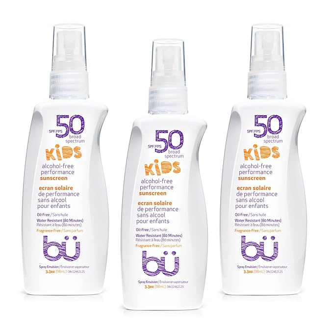 BU SPF 50 Fragrance Free Kids Sunscreen Spray for Face and Body, TSA Travel Size Sunscreen, Clear Non Aeorsol Spray, Non Greasy, Water Resistant and Oil Free, 3.3 oz (3-pack)