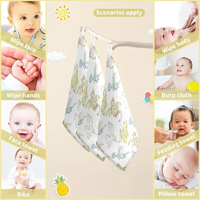 vvfelixl Baby Muslin Washcloths Watercolor Dragons Cartoon Style Baby Burp Cloths Cotton Baby Face Towel for Newborn Infants Boys Girls Soft and Absorbent 11.8 X 11.8 in, 3 Pack