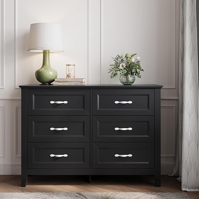 LINSY HOME 6 Drawers Dresser for Bedroom, 47" Wide Wooden Storage Chest with Antique Handles, Modern Farmhouse Dresser TV Stand with Wood Legs for Closet, Living Room, Hallway, Black