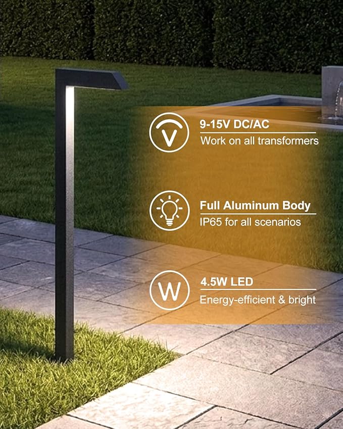 Low Voltage Pathway Lights, 4.5W LED Landscape Lighting, 4000K, 9-15V AC/DC, IP65 Waterproof, Aluminum, Black, 6 Pack