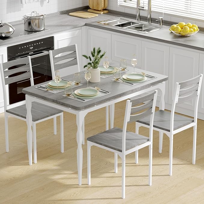 GarveeHome 5 Piece Dining Table Set, Industrial Style Dining Table and Chairs Set for 4, Kitchen Table Set for Dining Room Kitchen Apartment, Grey