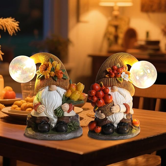 2PCS Garden Gnomes Statues Fall Gnome Decorations Outdoor Indoor Figurines Lights Fairy Garden Thanksgiving Home Decor
