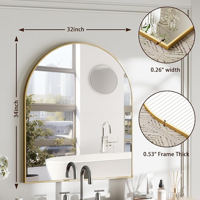 Arched Bathroom Mirror, 32x34 Inch - Wall Mounted Vanity Mirror with Aluminum Alloy Frame - Ideal for Living Room, Bedroom, Bathroom, and Entryway, Hanging or Leaning, Gold