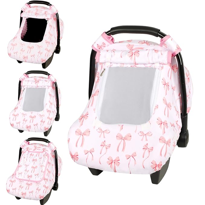 Baby Car Seat Cover, Windproof Carseat Cover for Infant Girls, Infant Warm Carseat Canopy with Double Layer Fabric for Winter, Compatible with Most Baby Car Seat, Bow