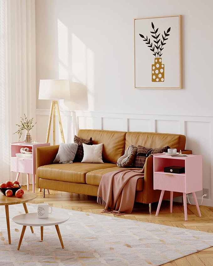 Nightstand with Oultlet,Modern Bedside Table with Storage Drawer and Open Wood Shelf, for Living Room, Bedroom and Small Spaces, Accent Night Stand with Solid Wood Legs, Easy Assembly,Pink