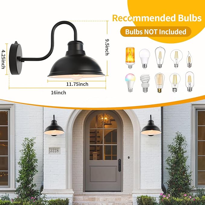 12" Outdoor Barn Gooseneck Light, Large Exterior Wall Sconce, Black Classic Farmhouse Industrial Wall-Mounted Barn Light Fixture for Garage/Porch/Patio