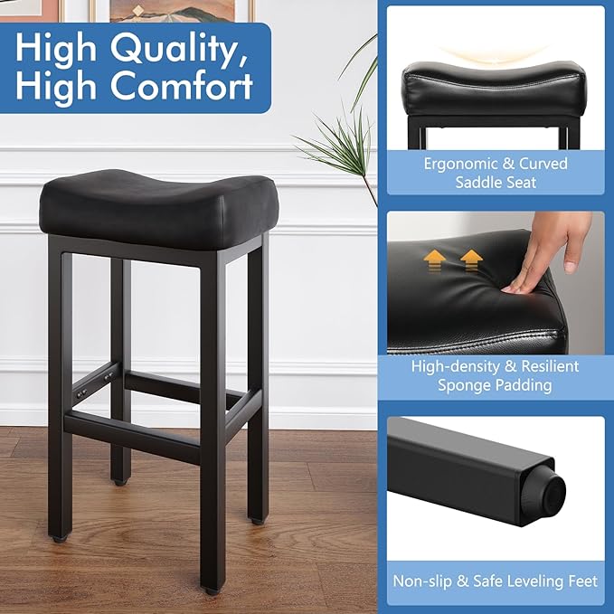 29 Inch Bar Height Bar Stools Set of 2, 29" Barstools for Kitchen Island Counter, Backless Bonded Leather Bar Height Stools with Thick Saddle Seats & Heavy Duty Metal Base, Easy Assembly, All Black