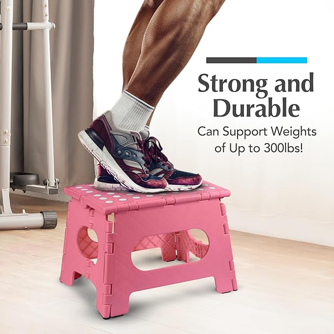 Handy Laundry - Folding Step Stool - Sturdy Enough Collapsible Stool to Support Adults and Safe Enough for Kids - Opens Easy with One Flip - Great for Kitchen, Bathroom or Bedroom (Pink - 9 Inch)