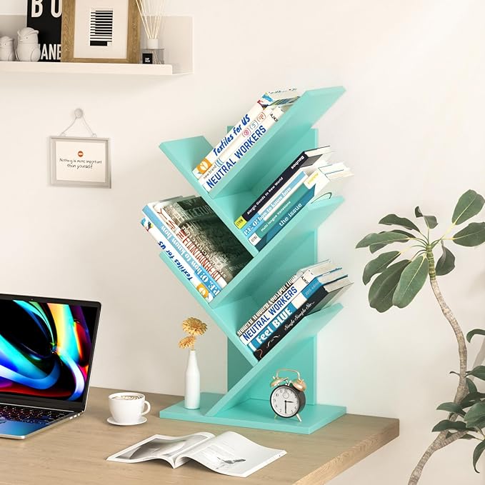 5 Tier Tree Book Shelf, Small Desktop Bookshelf with Storage Organizer, Wood Bookcase, Desk Display Bookshelves, Floor Standing Organizer Bookcases for Living Room,Bedroom,Office-Green