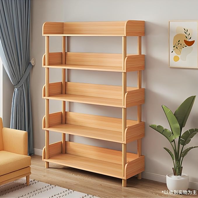 5-Tier Wooden Open Bookcase - Modern Display Bookshelf with Top Edge and Solid Wood Frame for Home and Office, Storage Cabinet, Oak