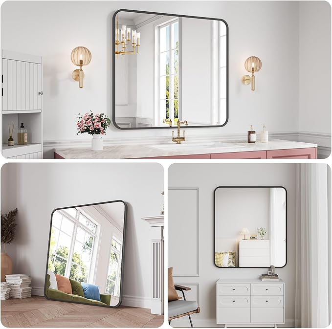 Koonmi Bathroom Mirror, 36X40 Inch Black Metal Framed Mirror for Bathroom, Tempered Glass, Anti-Rust, Rounded Rectangle Mirror for Restroom, Bedroom, Black