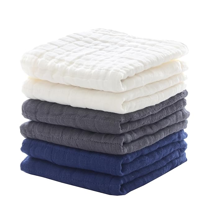 MUKIN Small Baby Washcloths, Soft Face Cloths, Newborn Absorbent Bath Wipes, Burp Cloths or Muslin Cotton Towels, Pack of 6, 12x12 inches (White,Dark Gray,Royal Blue)