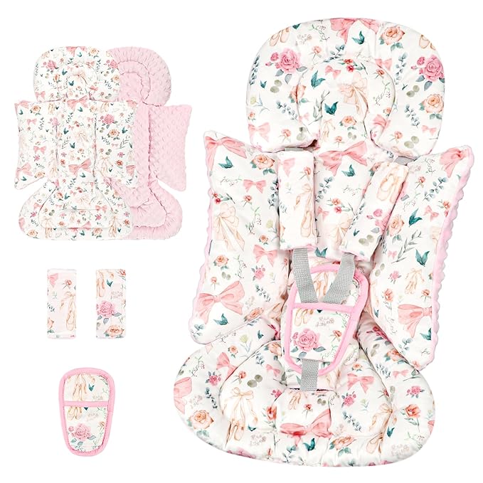 3-in-1 Infant Car Seat Insert, Soft Head and Body Support,Ultra & Strap Covers Set, Reversible Newborn Car Seat Cushion Pad for Baby Boy & Girl fits Stroller, Swing, Bouncer (Pink Bow)