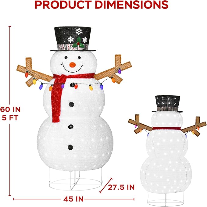 5ft Lighted Pop-up Snowman Outdoor Christmas Lawn Decor, 60" Large 3D Snowman Holiday Decoration with White 200 LEDs for Lawn, Yard, Garden