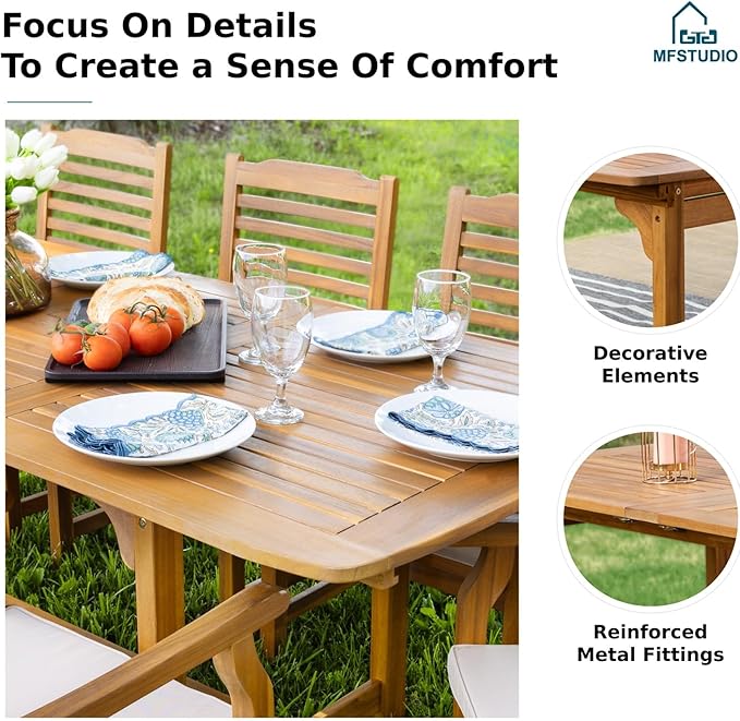 MFSTUDIO 7 Pieces Patio Dining Set, Teak Wood Outdoor Dining Set for 6, 1 x Rectangular Expandable Acacia Wood Table, 6 x Wooden Patio Dining Chairs with Removable Cushions for Backyard, Porch