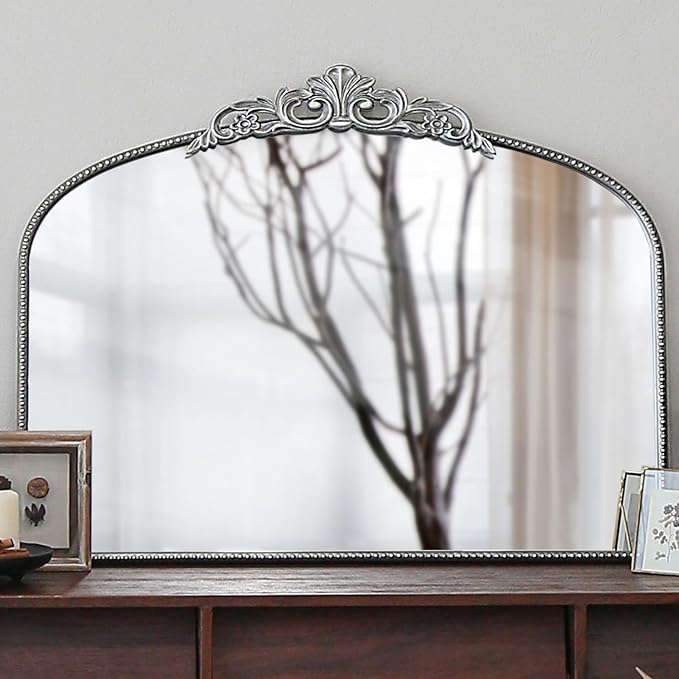 Micasso Vintage Ornate Baroque Mirror, 29" x 36" Large Silver Arched Wall Mirror for Bathroom, Living Room, Fireplace, and Bedroom