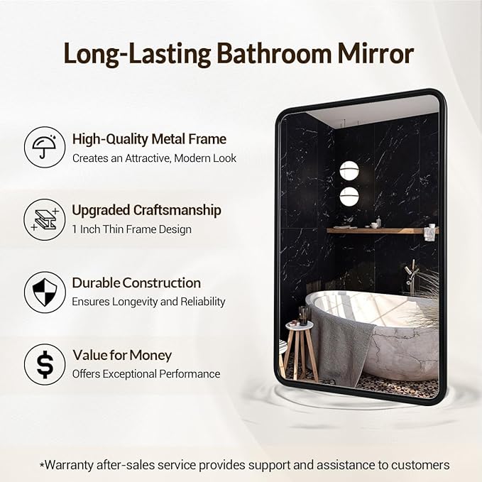 ANDY STAR Bathroom Mirror, 24x36 Inch Stainless Steel Metal Frame Black Rectangle Bathroom Mirror for Over Sink, Modern Rounded Corner Black Vanity Mirrors for Wall, Hangs Horizontally or Vertically