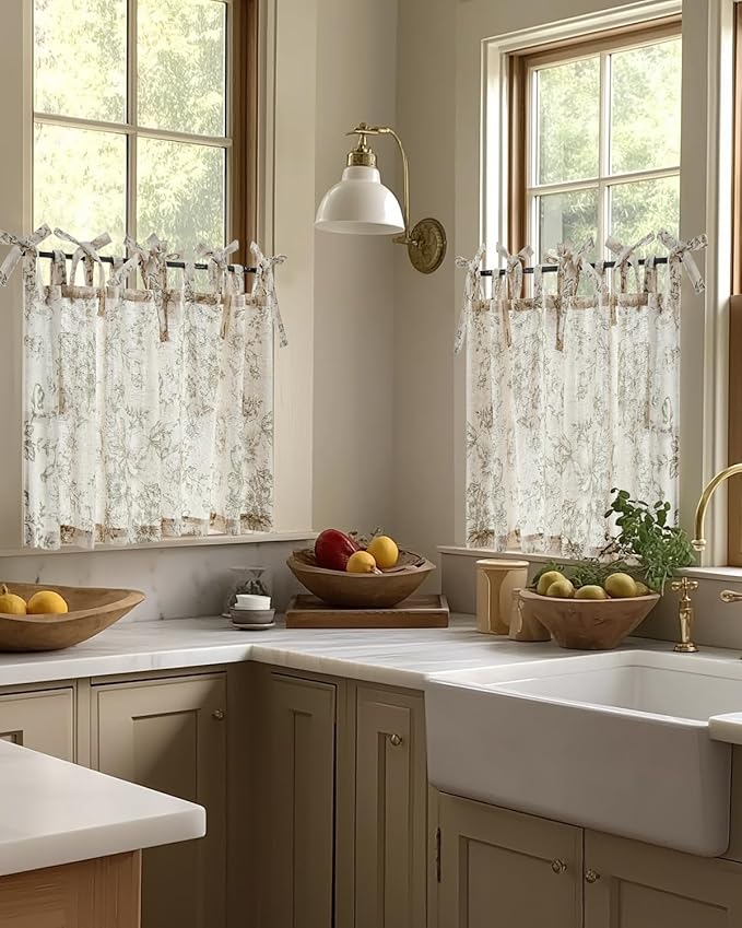 jinchan Floral Linen Tier Curtains 24 Inch Farmhouse Cafe Curtains Tie Top Botanic Drapes for Small Windows Over Sink for Kitchen Country Rustic Laundry Room Bathroom RV 2 Panels Green on Beige