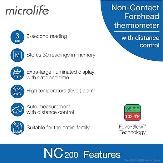 Microlife Non-Contact Forehead Thermometer, Digital Infrared No-Touch Thermometer (for Adults, Kids & Baby), Large Backlit LCD Screen, Fever Alarm, Memories & Instant Accurate Readings