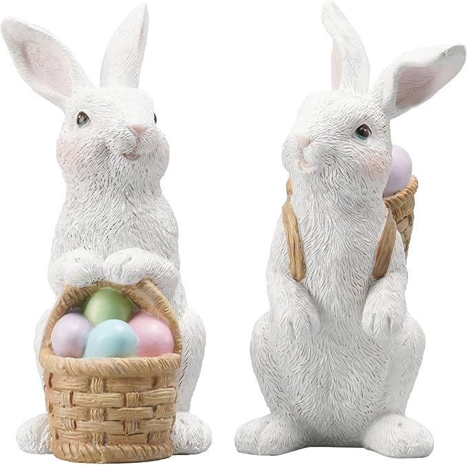 Easter-Basket Bunny-Decor-Figurines Home-Decorations - 2PC Easter Decorations Table Ornaments Resin Spring Bunny Carry Egg Basket Tabletop Decorations for Home Farmhouse 5.25H inch Newman House Studio