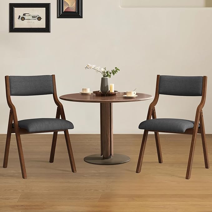 Folding Dining Chairs Set of 2, Upholstered Kitchen Chair with Padded Seat & Backrest, Modern Sidechair with Wood Legs,No Assembly Needed,Dark Grey+Walnut